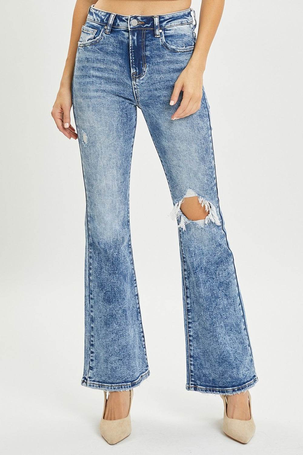 RISEN Full Size High Rise Distressed Flare Jeans - DaTrendStore.Com