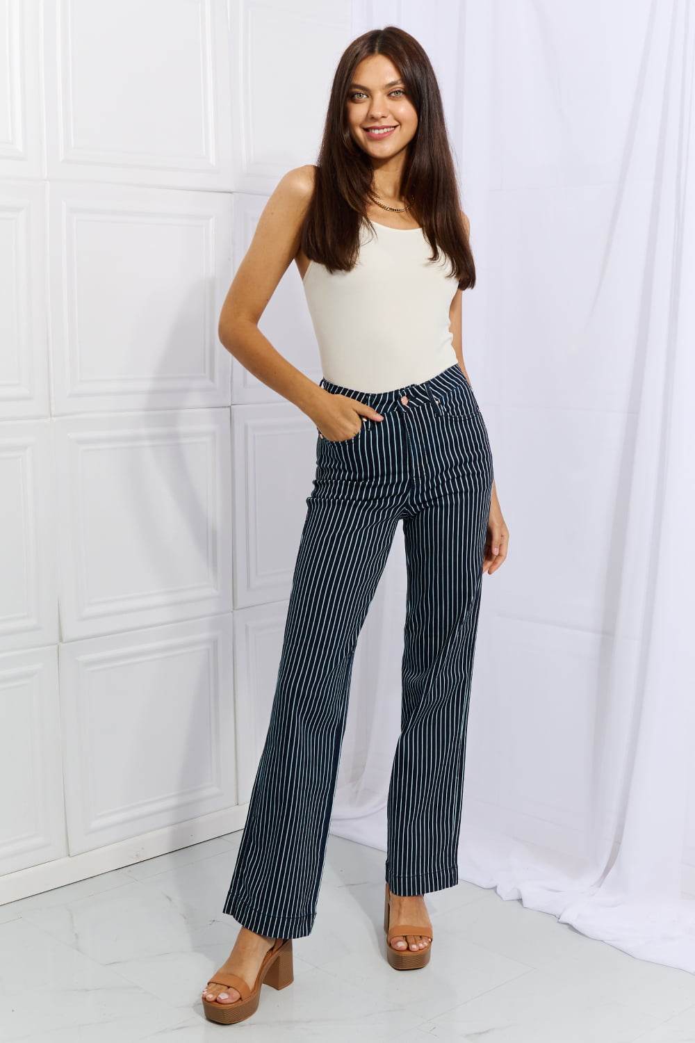 Judy Blue Cassidy Full Size High Waisted Tummy Control Striped Straight Jeans - DaTrendStore.Com