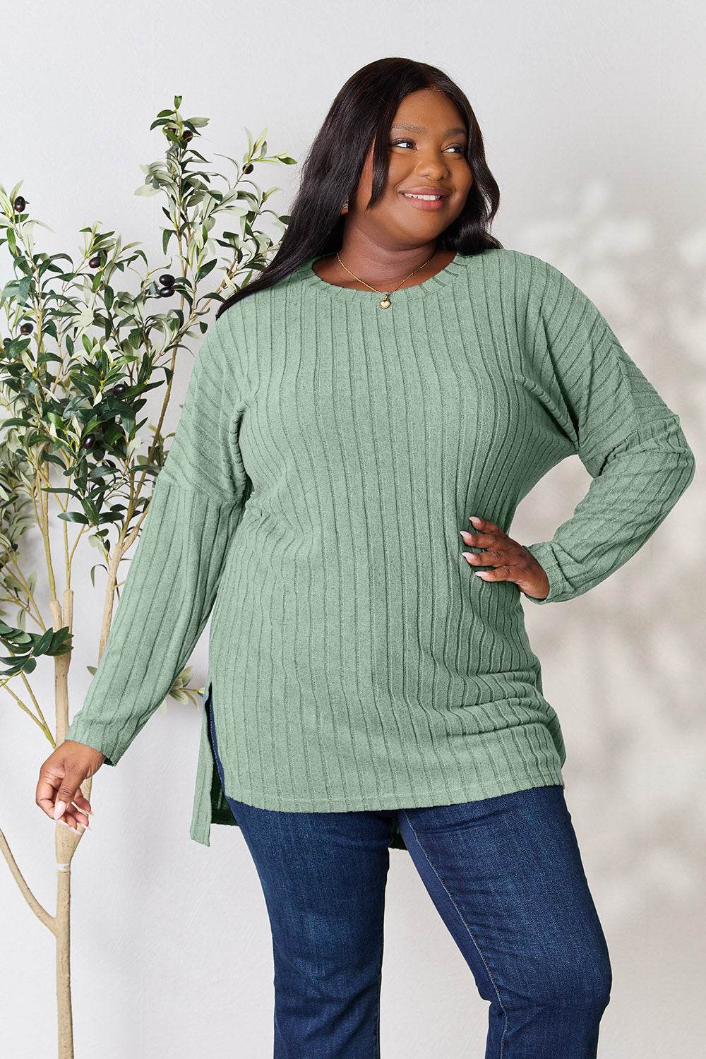 Basic Bae Full Size Ribbed Round Neck Long Sleeve Slit Top - DaTrendStore.Com