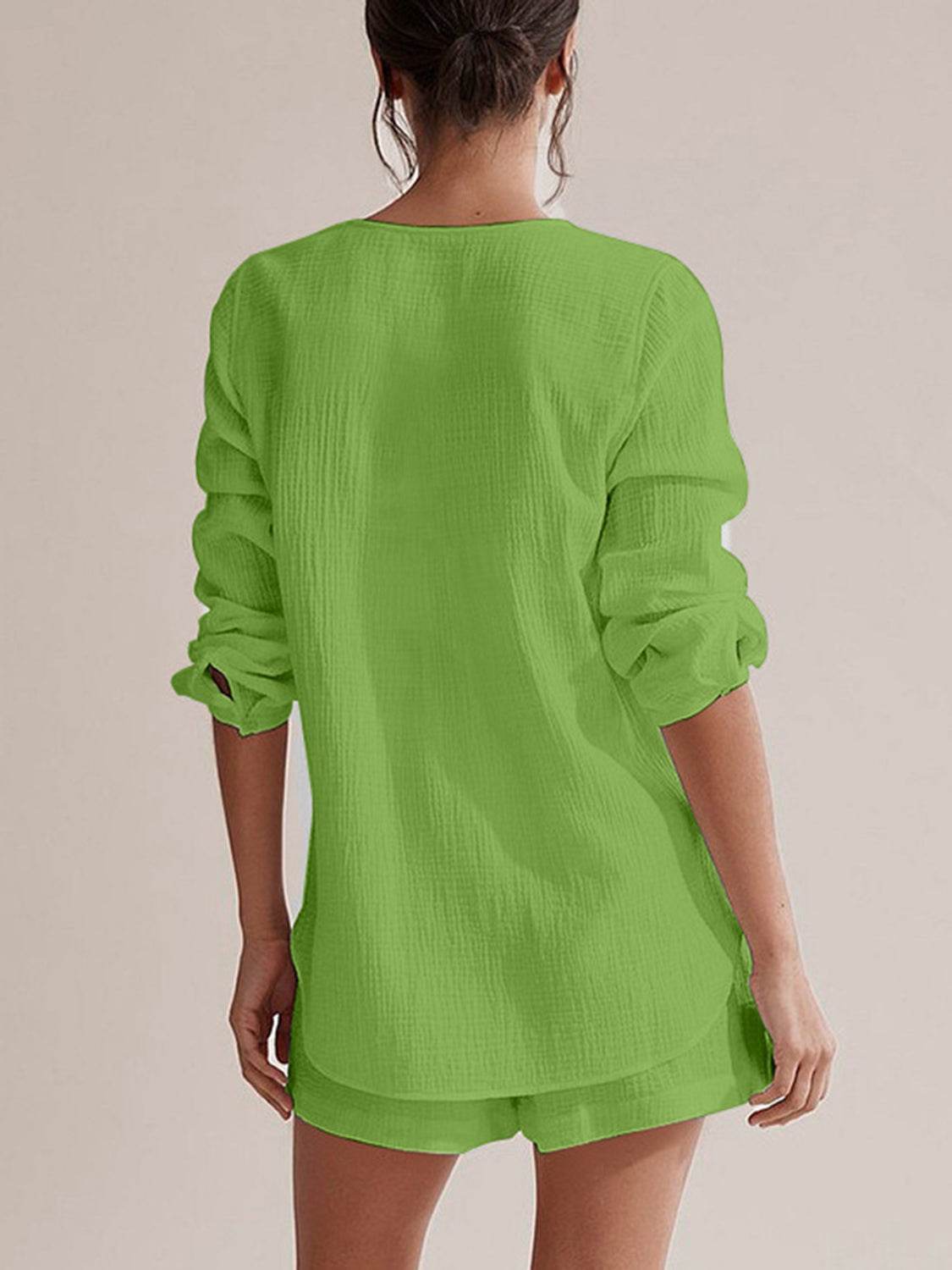 Notched Long Sleeve Top and Shorts Set - DaTrendStore.Com