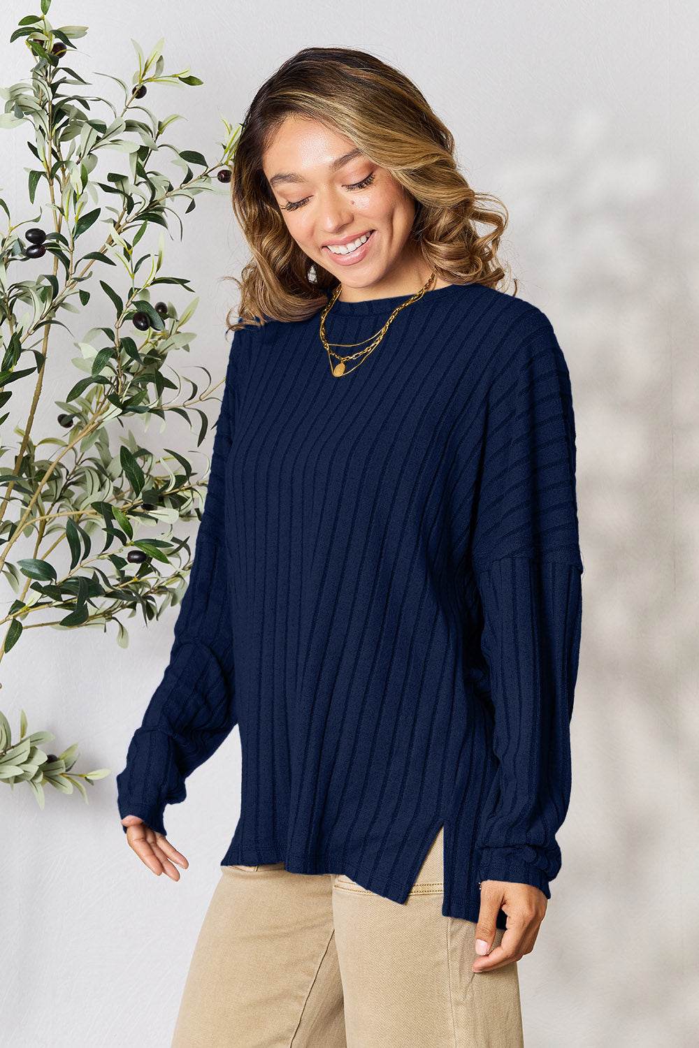 Basic Bae Full Size Ribbed Round Neck Slit Knit Top - DaTrendStore.Com