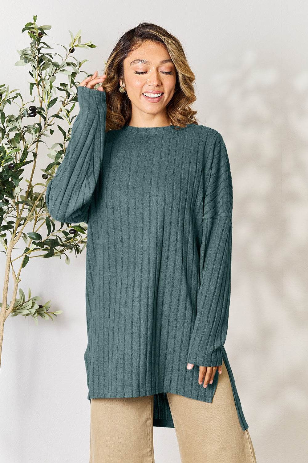 Basic Bae Full Size Ribbed Round Neck Long Sleeve Slit Top - DaTrendStore.Com
