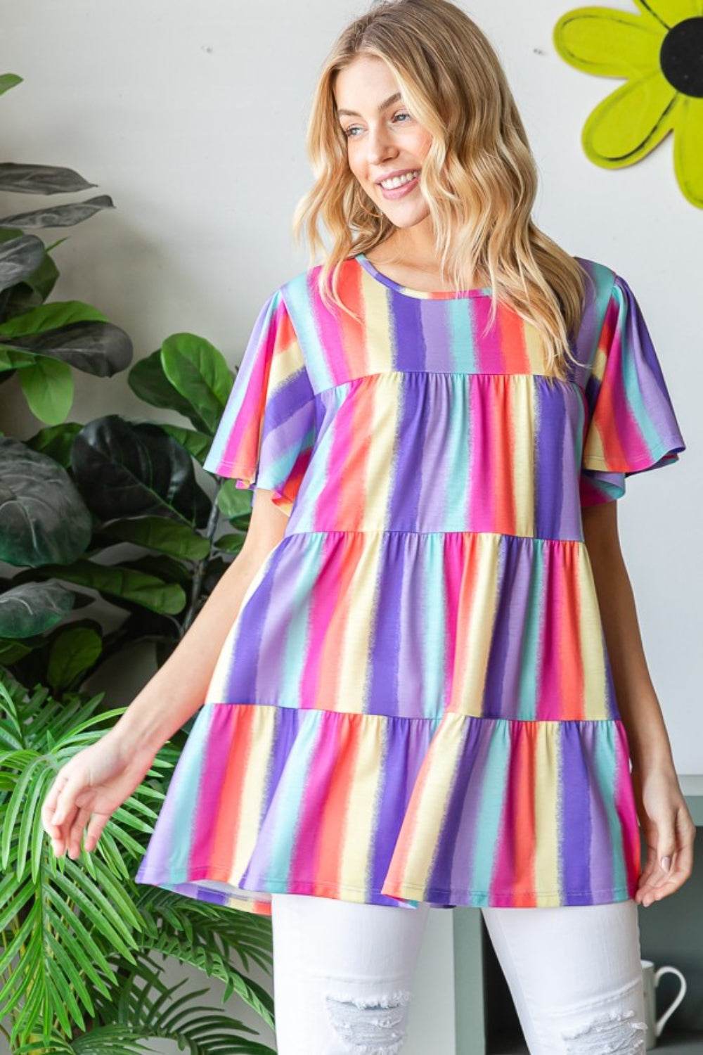 Heimish Full Size Short Sleeve Striped Tiered Top - DaTrendStore.Com