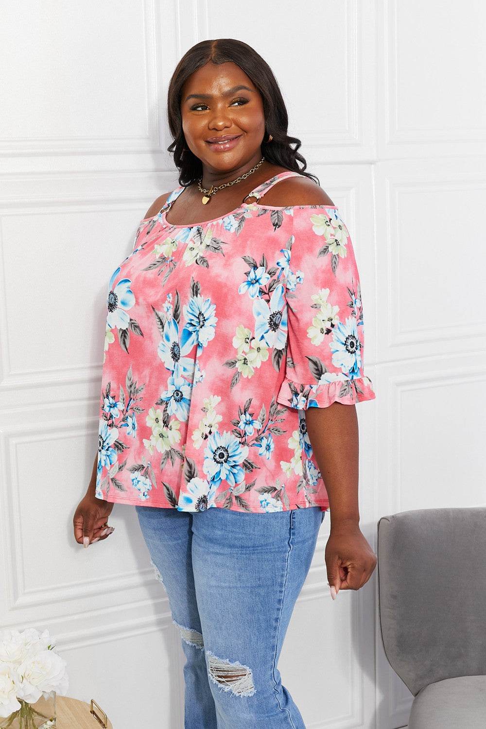 Sew In Love Full Size Fresh Take Floral Cold-Shoulder Top - DaTrendStore.Com