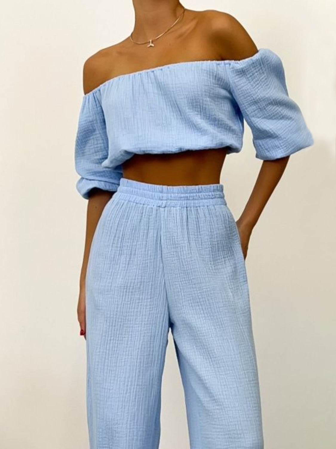 Off Shoulder Long Sleeve Top and Pants Set - DaTrendStore.Com