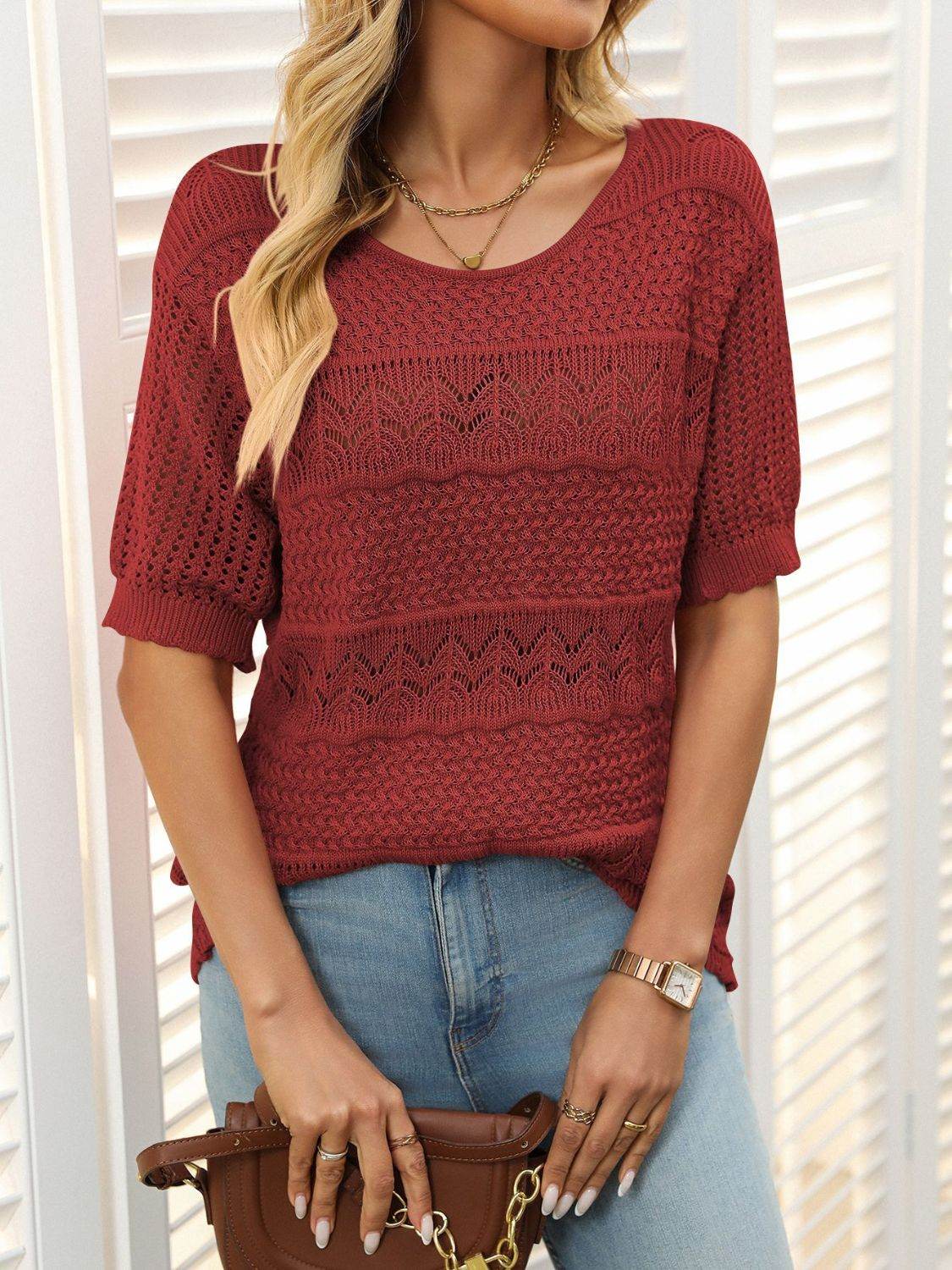 Openwork Round Neck Half Sleeve Knit Top - DaTrendStore.Com