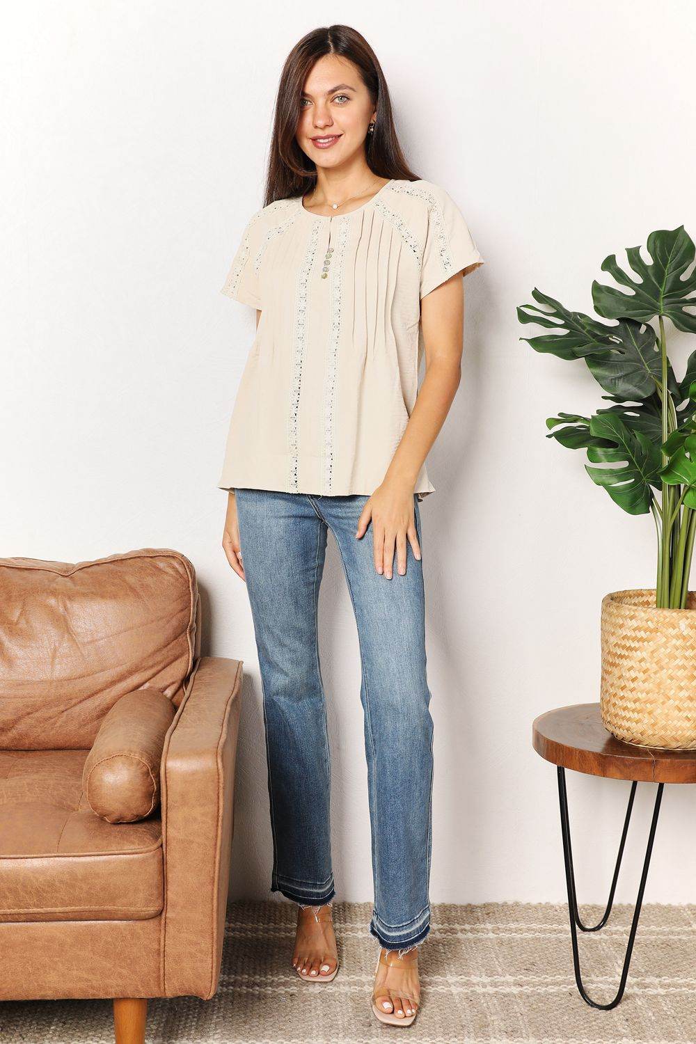 Double Take Crochet Buttoned Short Sleeves Top - DaTrendStore.Com