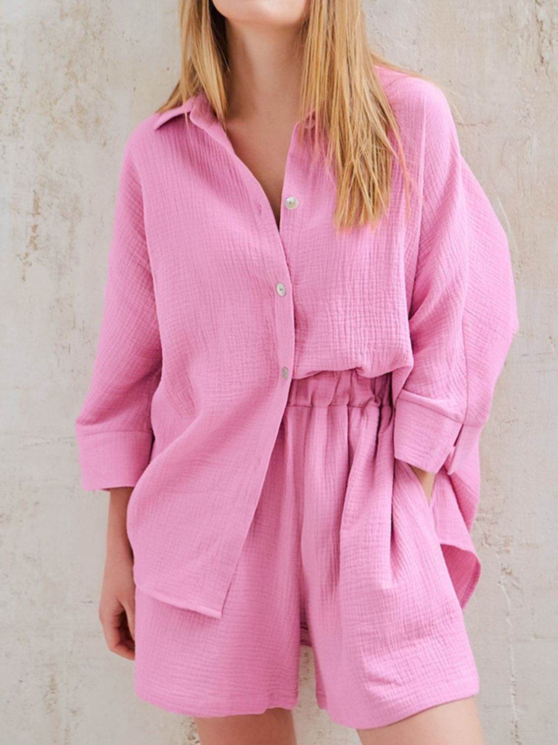 Texture Button Up Shirt and Shorts Set - DaTrendStore.Com