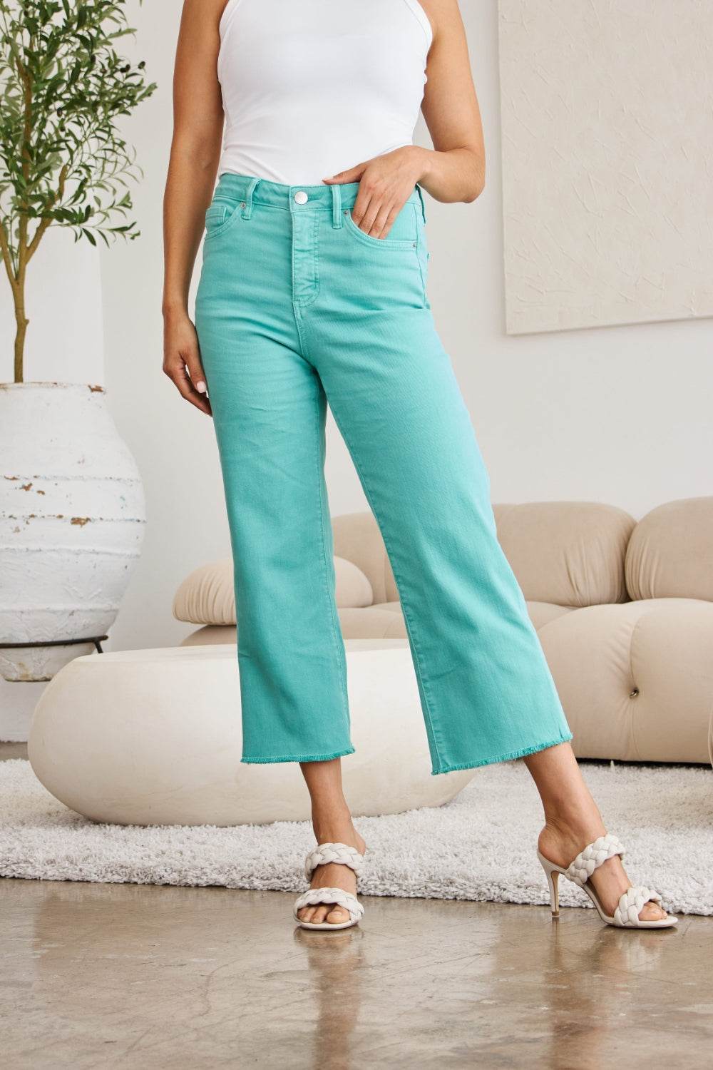 RFM Crop Chloe Full Size Tummy Control High Waist Raw Hem Jeans - DaTrendStore.Com