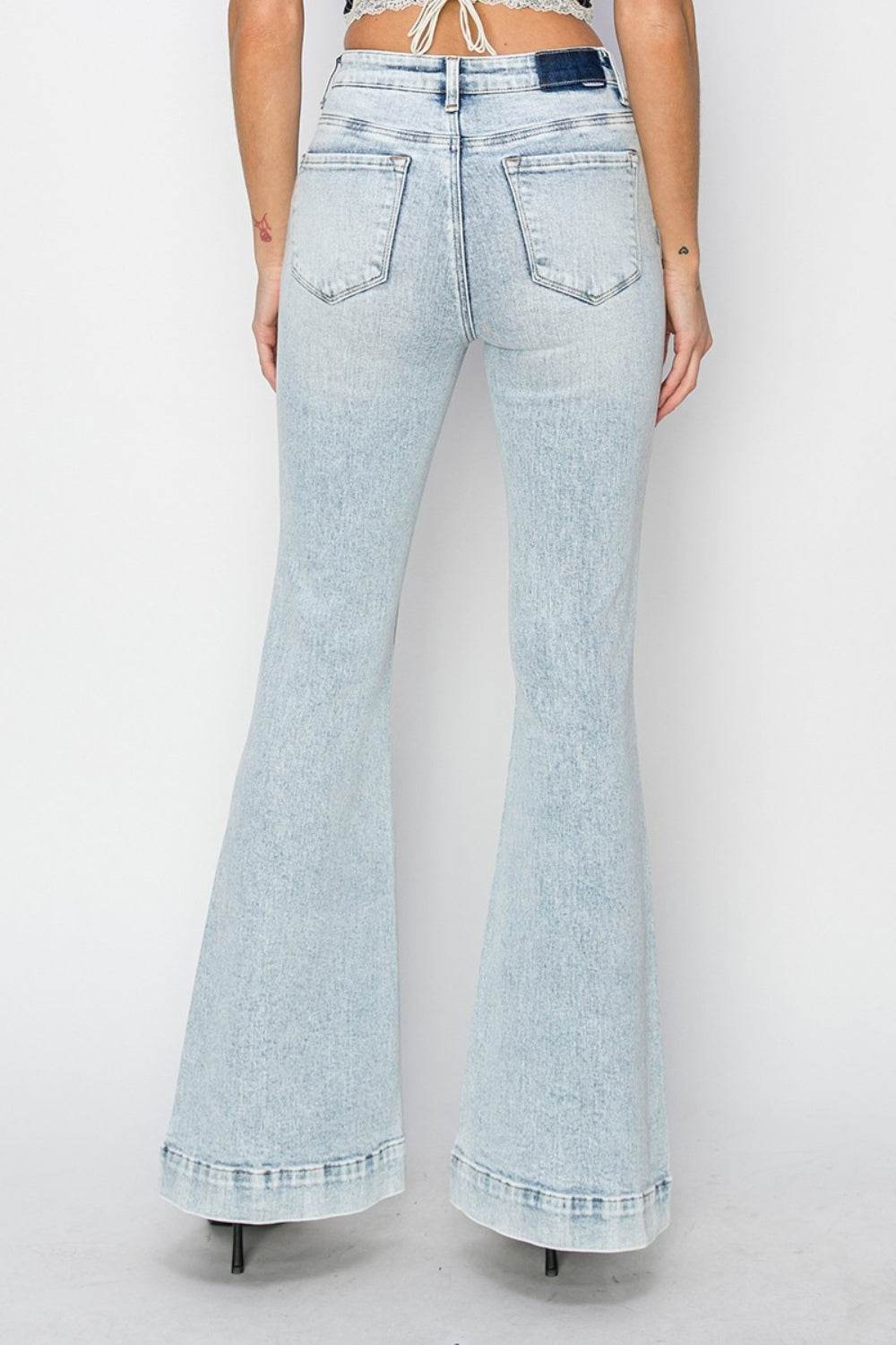 Risen Full Size High Rise Front Patch Pocket Flare Jeans - DaTrendStore.Com
