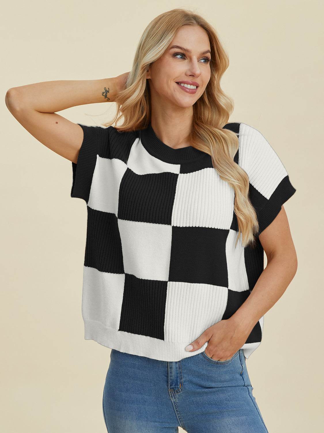 Double Take Full Size Checkered Round Neck Short Sleeve Sweater - DaTrendStore.Com