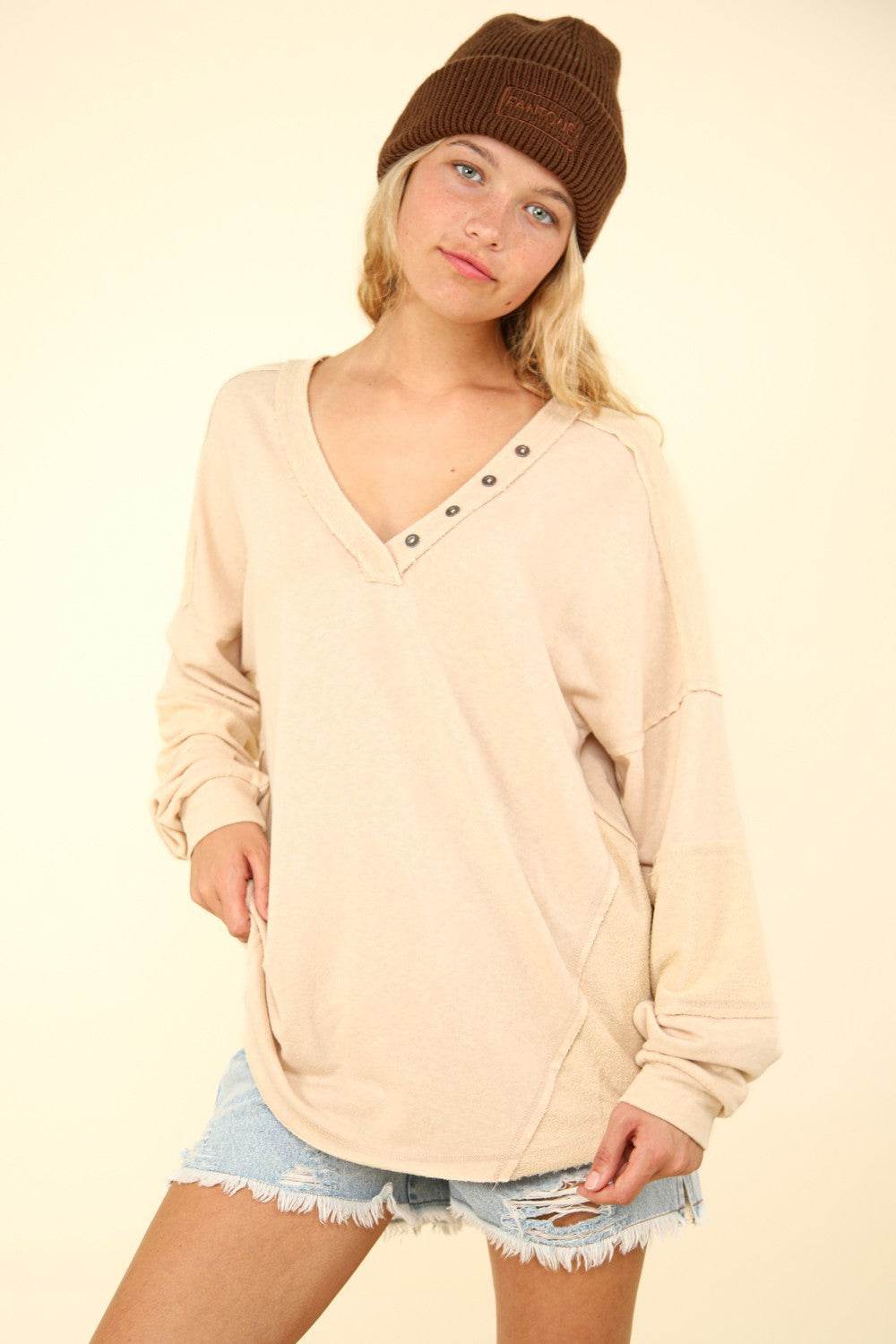 VERY J Washed V-Neck Exposed Seam Knit Top - DaTrendStore.Com