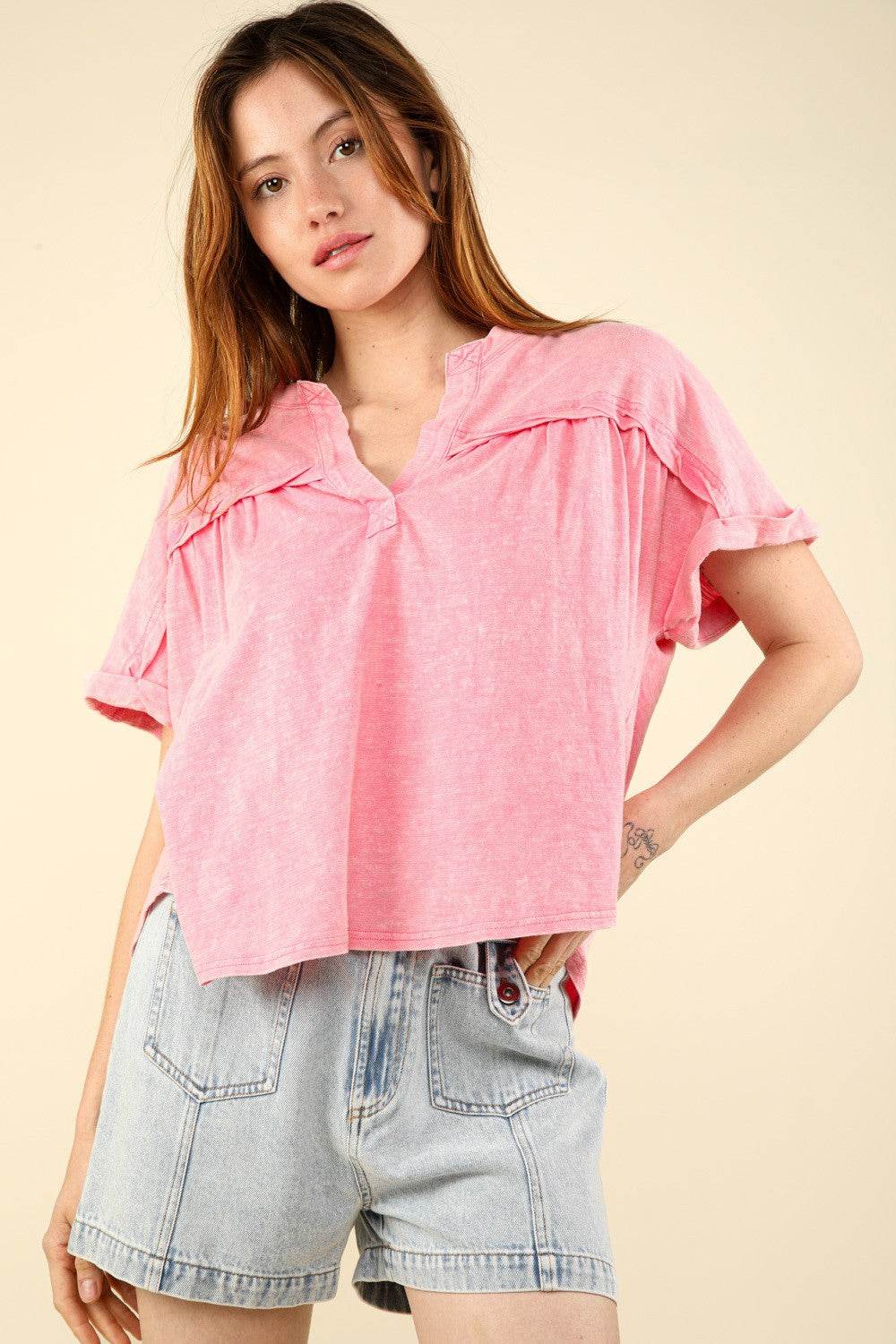 VERY J Nochted Short Sleeve Washed T-Shirt - DaTrendStore.Com