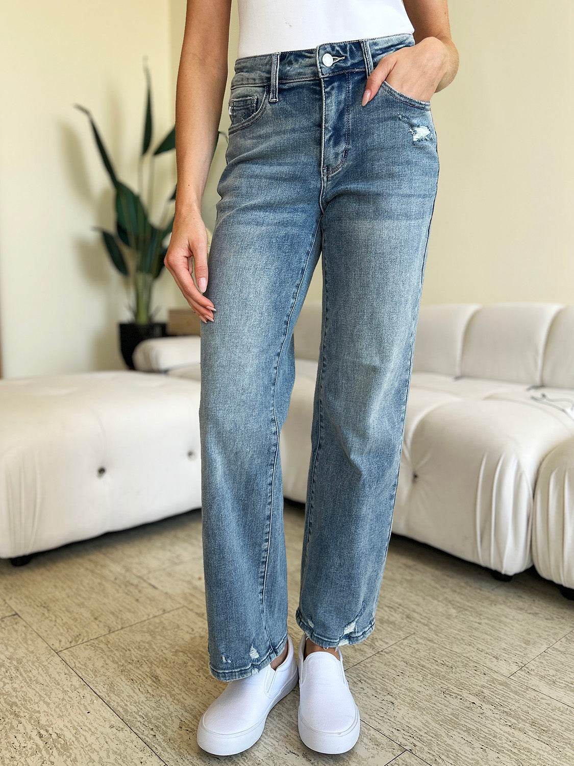 Judy Blue Full Size Mid Rise Distressed Straight Jeans - DaTrendStore.Com