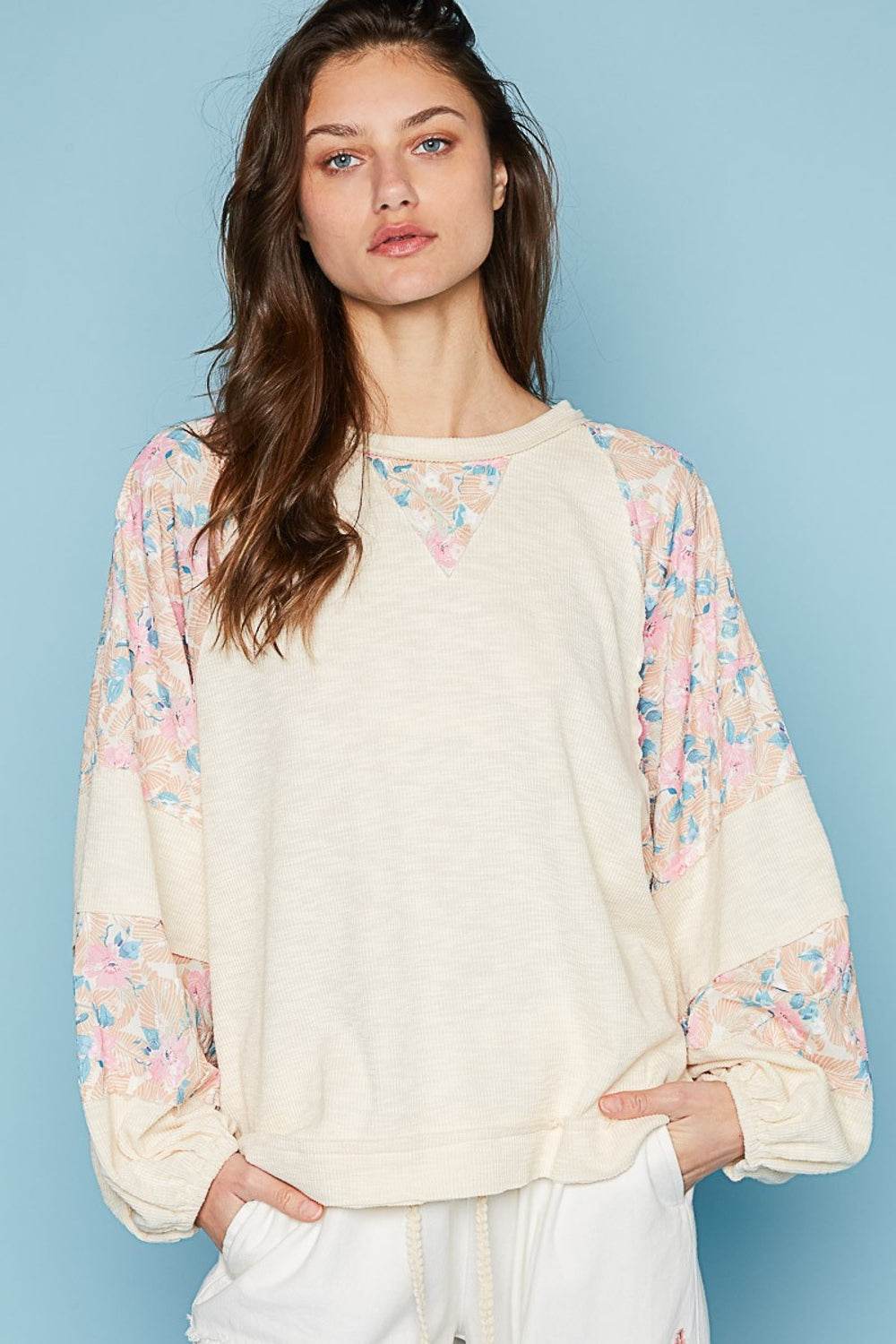 POL Round Neck Balloon Floral Long Sleeve Top - DaTrendStore.Com