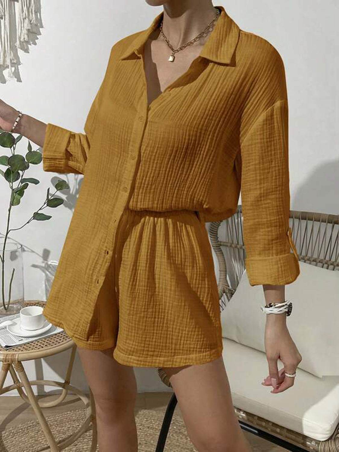 Dropped Shoulder Button Up Top and Elastic Waist Shorts Set - DaTrendStore.Com