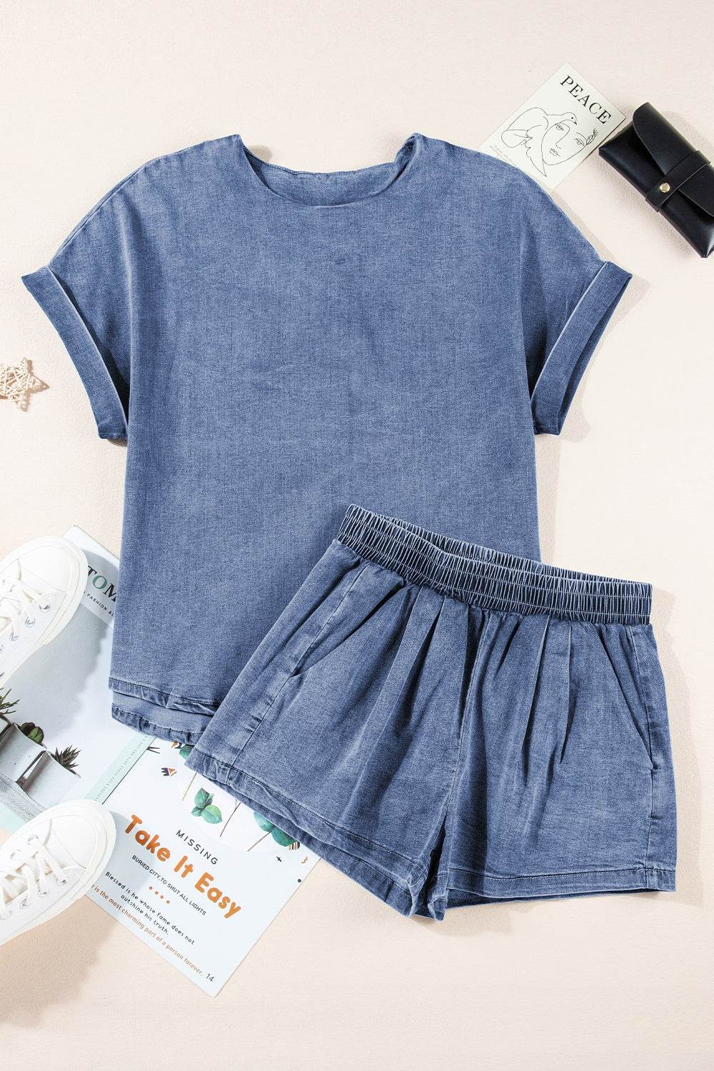 Round Neck Short Sleeve Top and Shorts Denim Set - DaTrendStore.Com