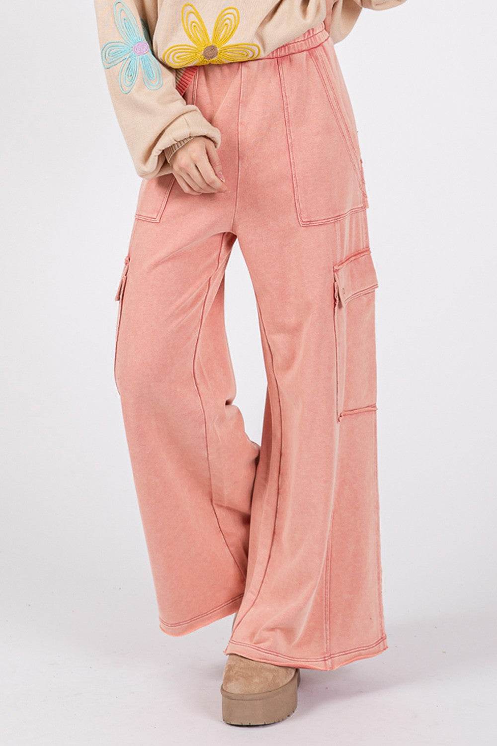 SAGE + FIG Knit Terry Mineral Wash Wide Leg Pants - DaTrendStore.Com
