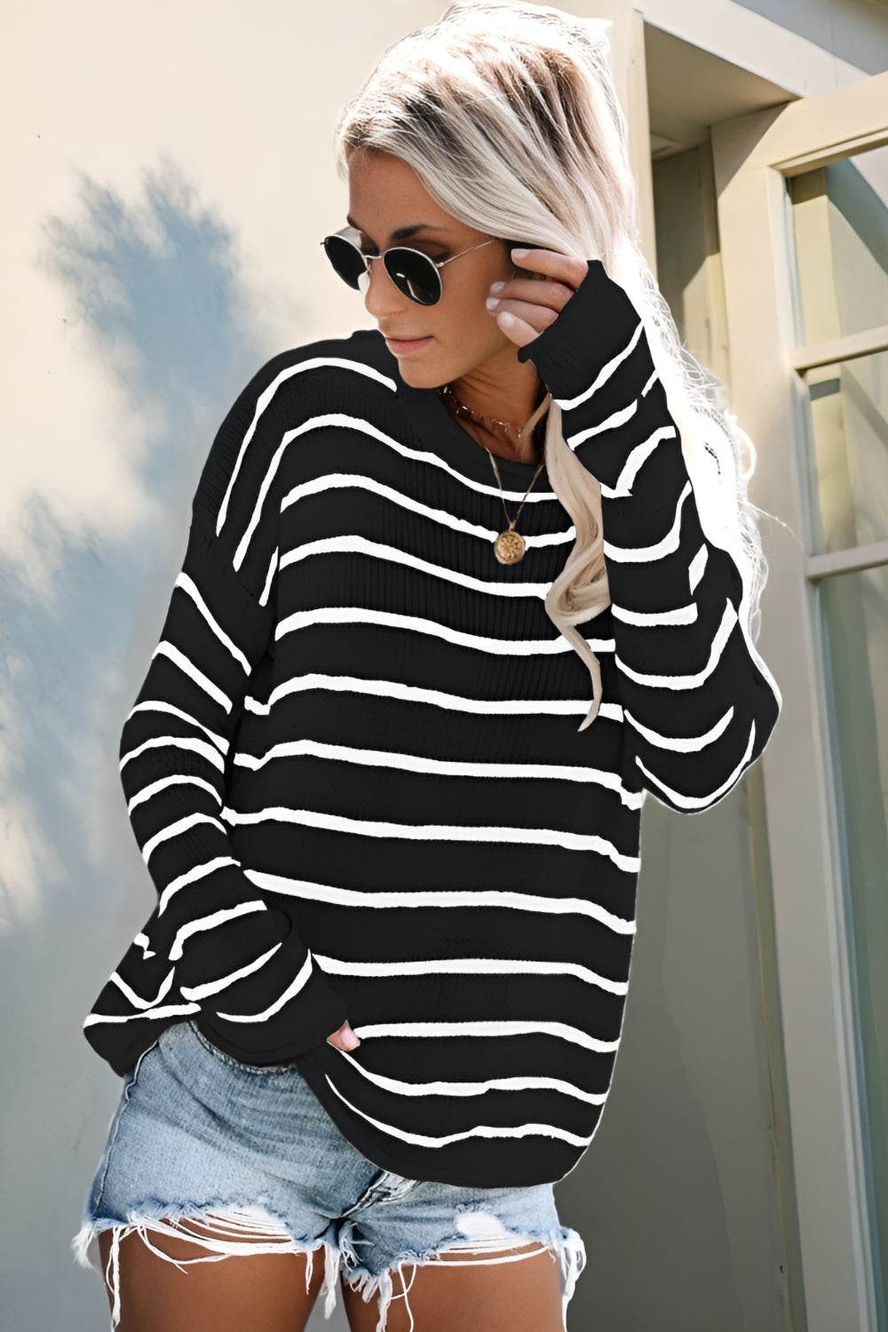 Striped Round Neck Drop Shoulder Sweater - DaTrendStore.Com