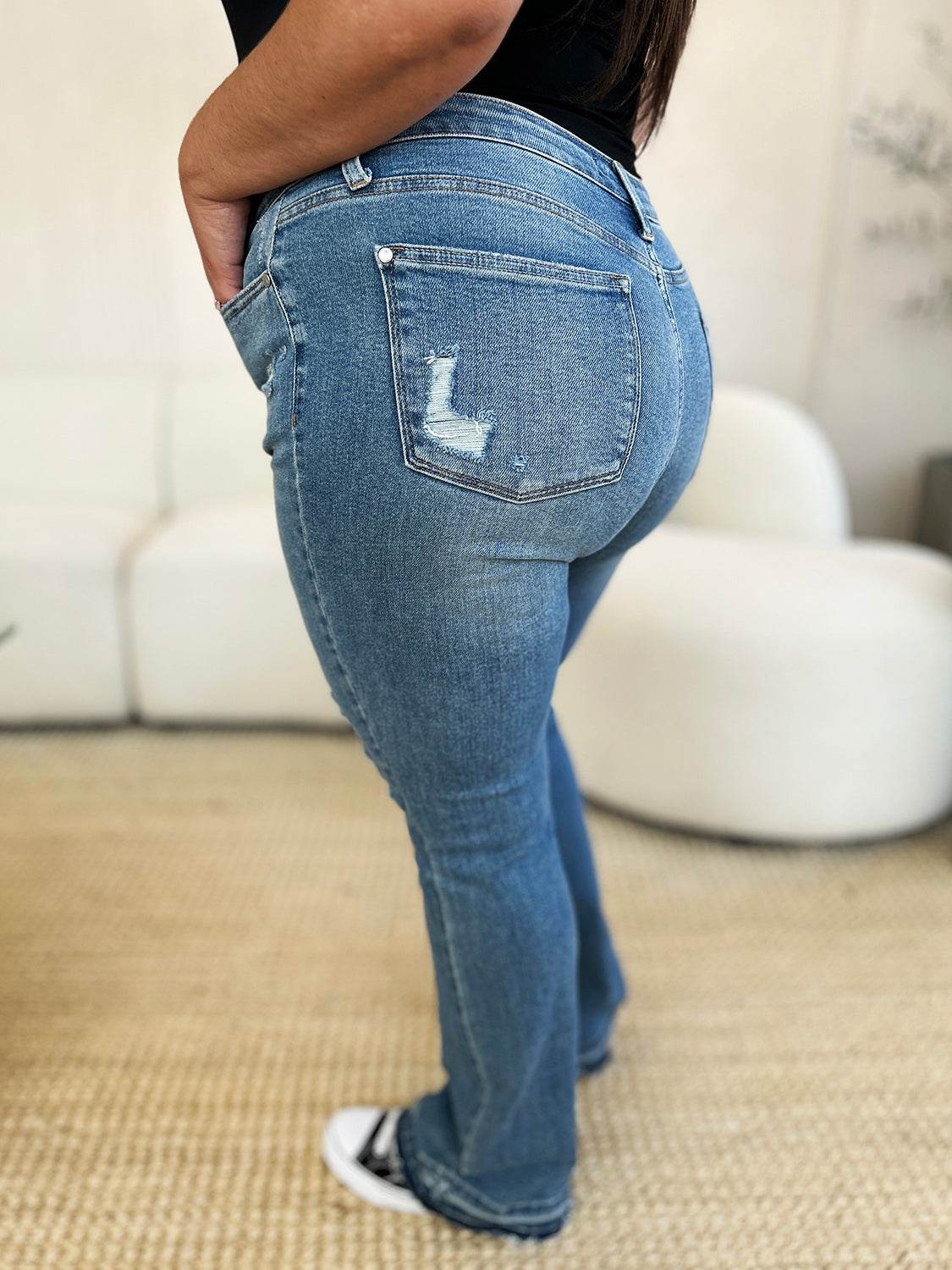 Judy Blue Full Size Mid Rise Destroyed Hem Distressed Jeans - DaTrendStore.Com
