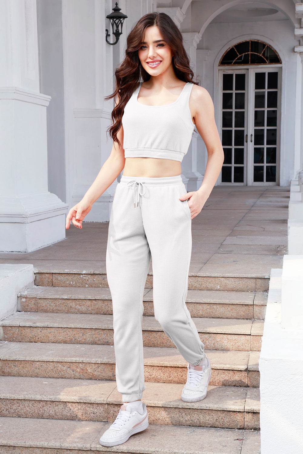 Waffle-Knit Cropped Tank and Drawstring Pants Set - DaTrendStore.Com