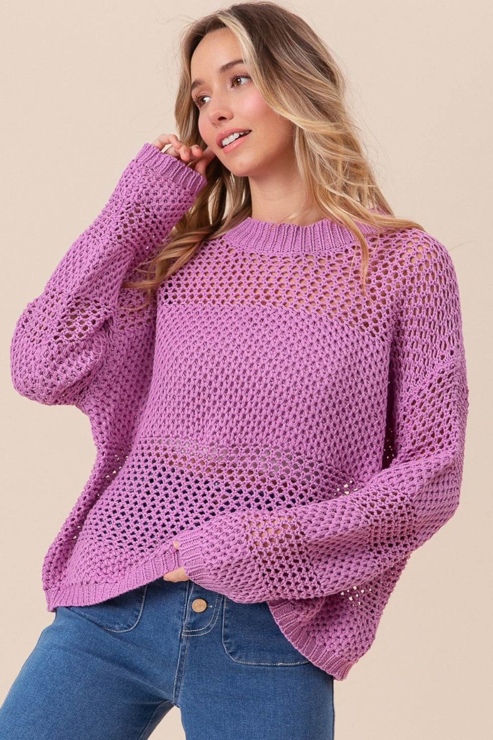 BiBi Openwork Long Sleeve Knit Top - DaTrendStore.Com