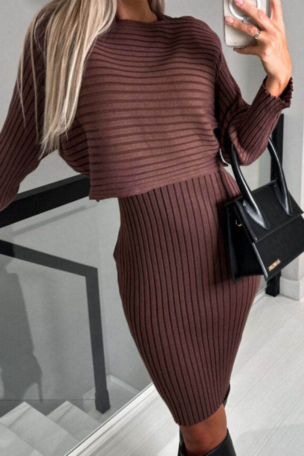 Ribbed Round Neck Top and Cami Dress Sweater Set - DaTrendStore.Com
