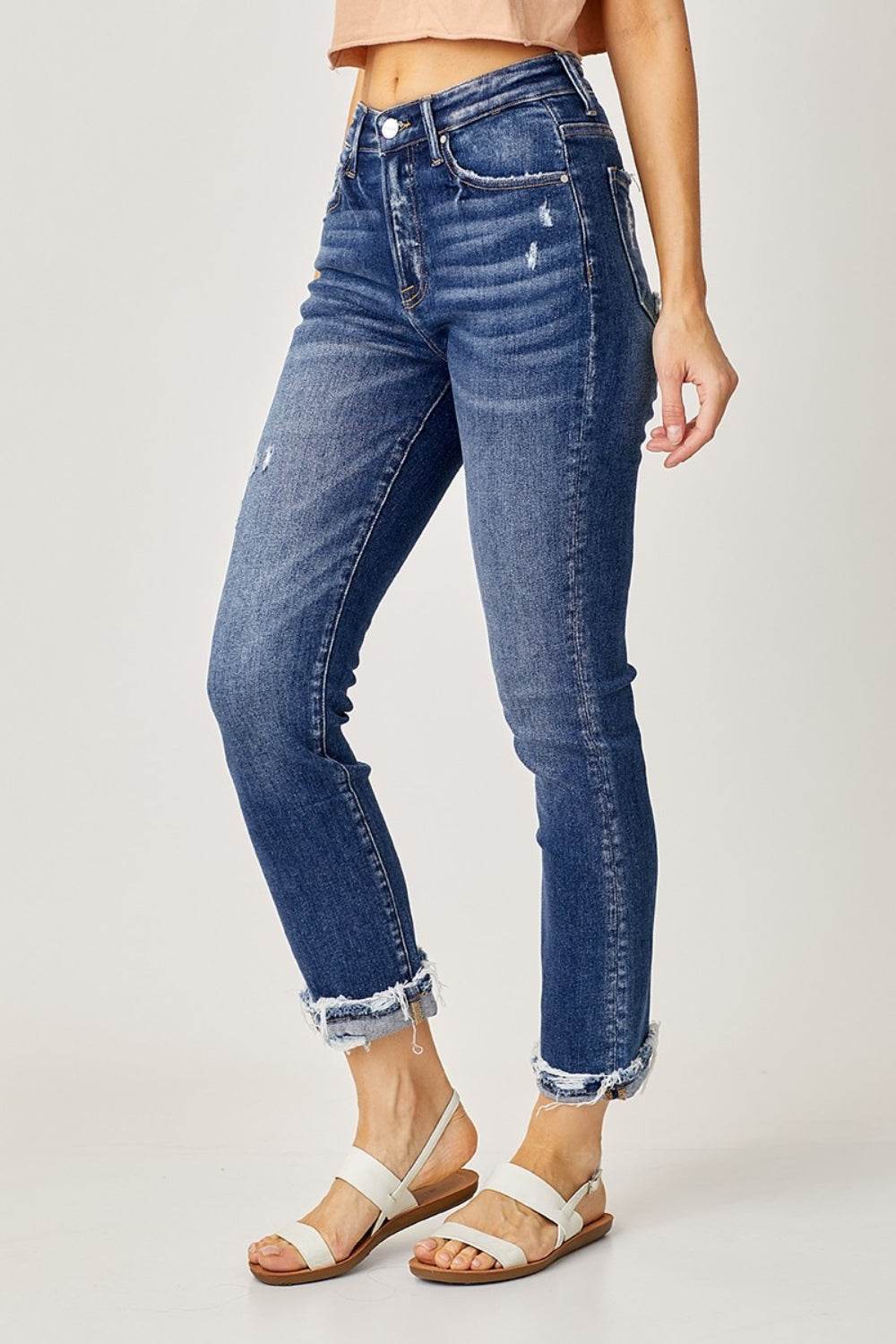 Risen Full Size High-Rise Frayed Cuffed Straight Jeans - DaTrendStore.Com