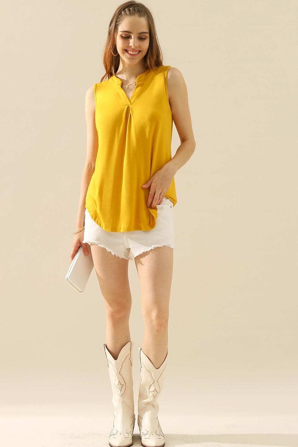 Ninexis Full Size Notched Sleeveless Top - DaTrendStore.Com