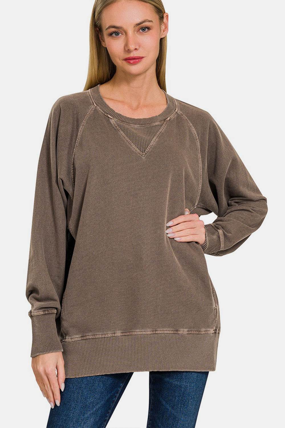 Zenana Round Neck Long Sleeve Sweatshirt - DaTrendStore.Com