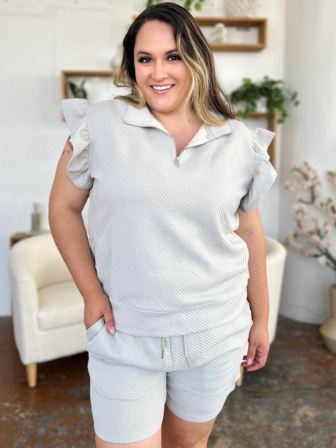 Double Take Full Size Texture Flounce Sleeve Top and Drawstring Shorts Set - DaTrendStore.Com