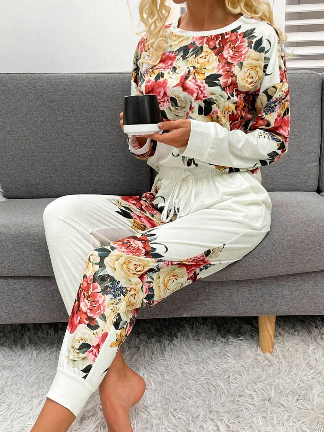 Shiny Printed Round Neck Top and Pants Lounge Set - DaTrendStore.Com
