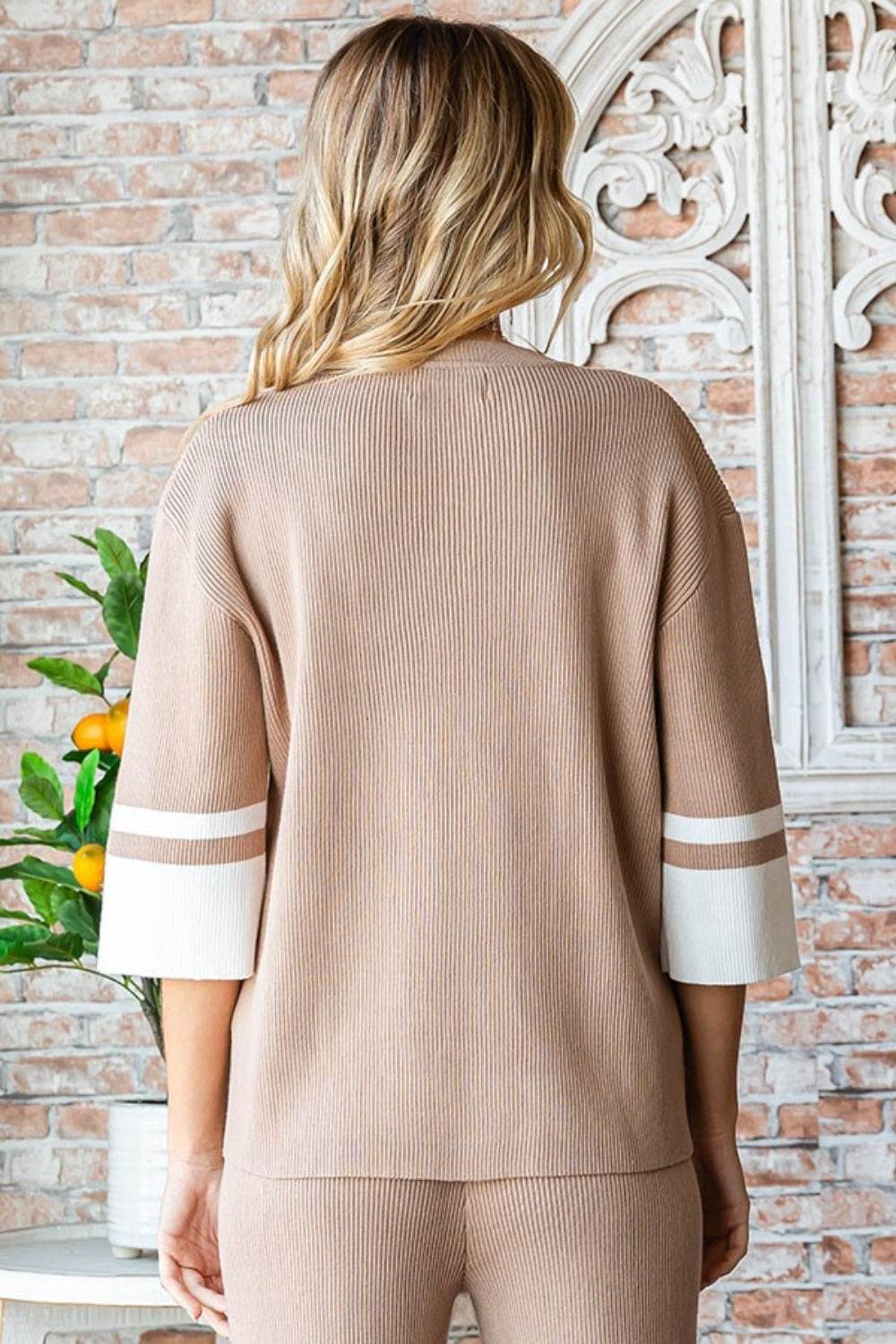 First Love Contrast V Neck Ribbed Knit Top - DaTrendStore.Com