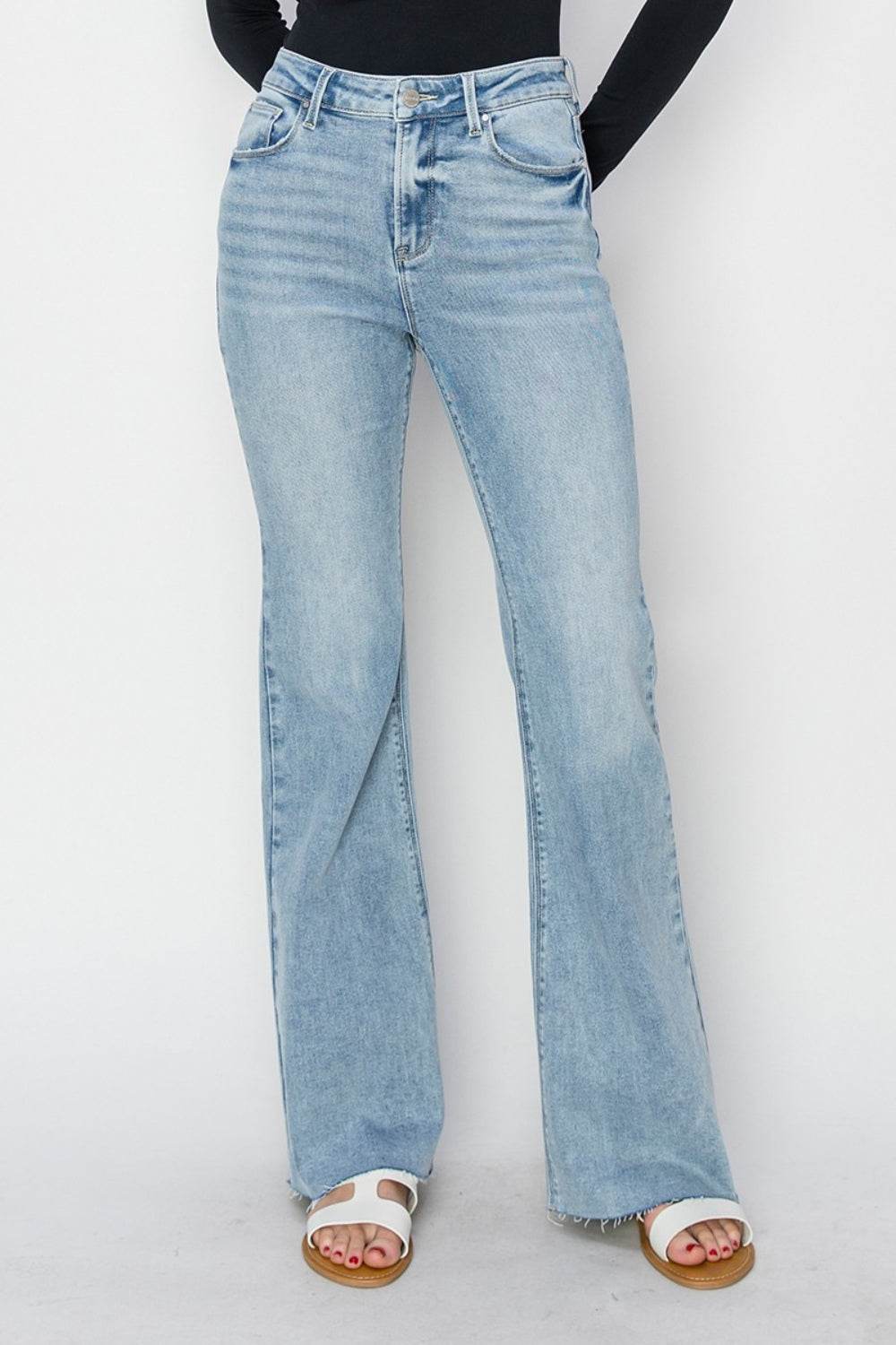 RISEN Full Size High Rise Raw Cut Hem Bootcut Jeans - DaTrendStore.Com
