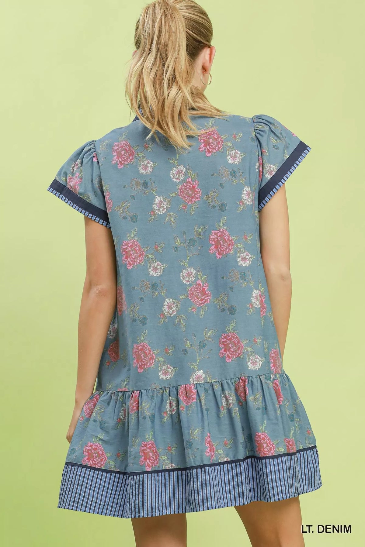 Umgee Floral Contrast Trim Ruffle Hem Mini Dress - Lt. Denim