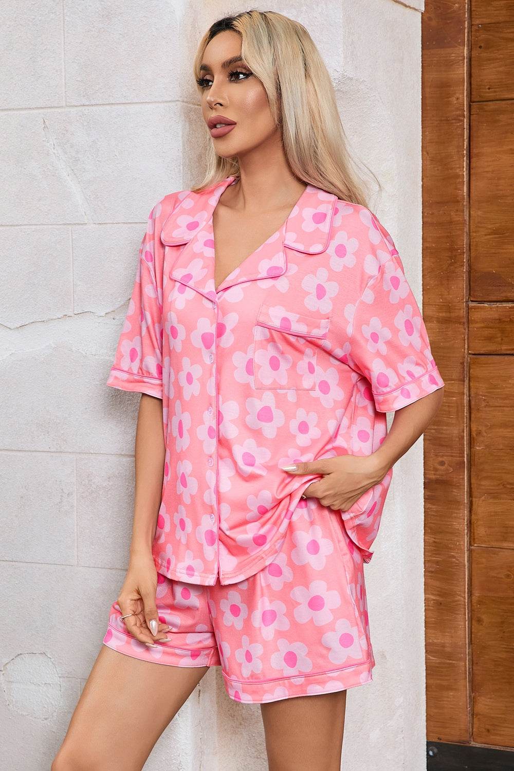 Pocketed Flower Half Sleeve Top and Shorts Lounge Set - DaTrendStore.Com