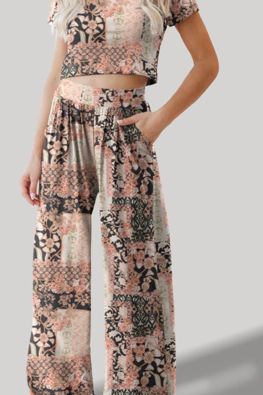 FAM-FAM Printed Round Neck Short Sleeve Top and Pants Set - DaTrendStore.Com