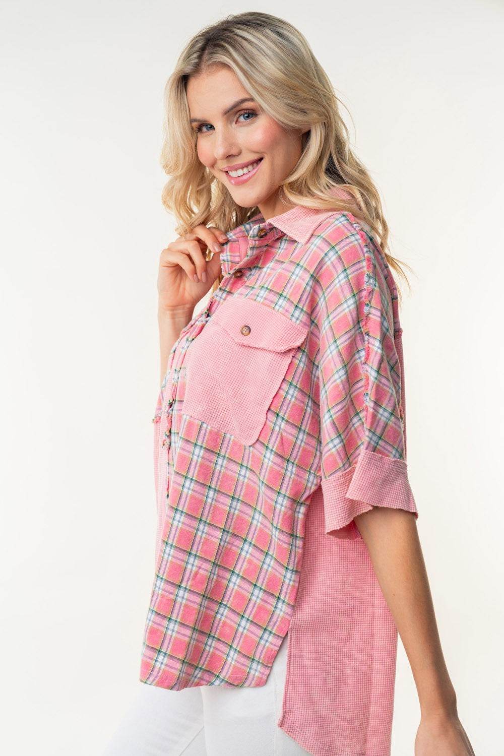 White Birch Plaid Color Block Half Button Top - DaTrendStore.Com
