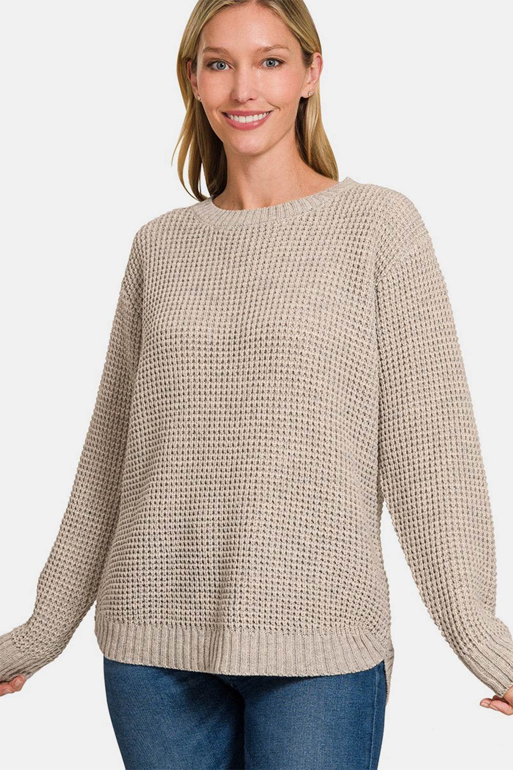 Zenana High Low Long Sleeve Waffle Sweater - DaTrendStore.Com