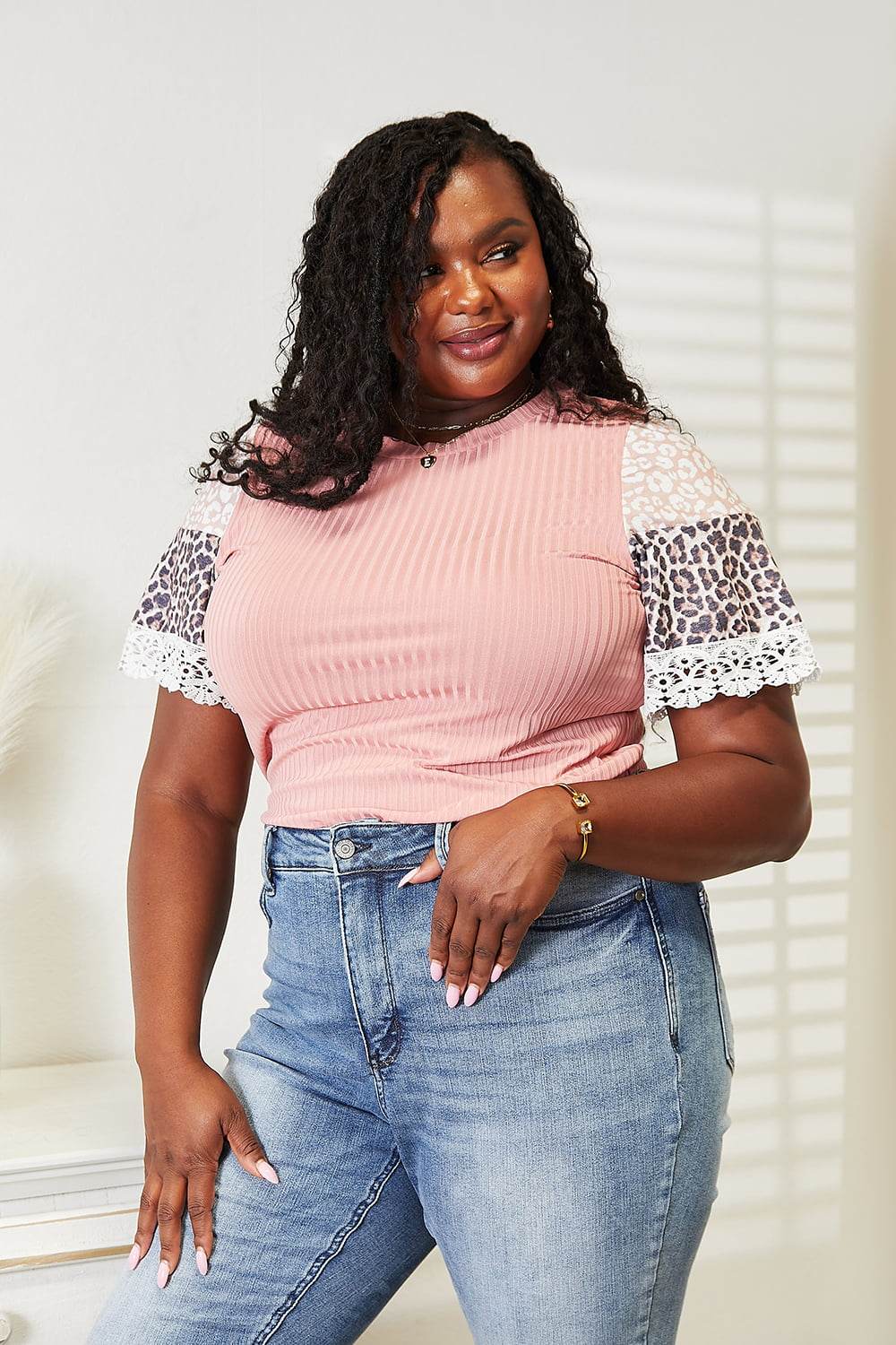 Double Take Leopard Lace Trim Ribbed Round Neck Top - DaTrendStore.Com