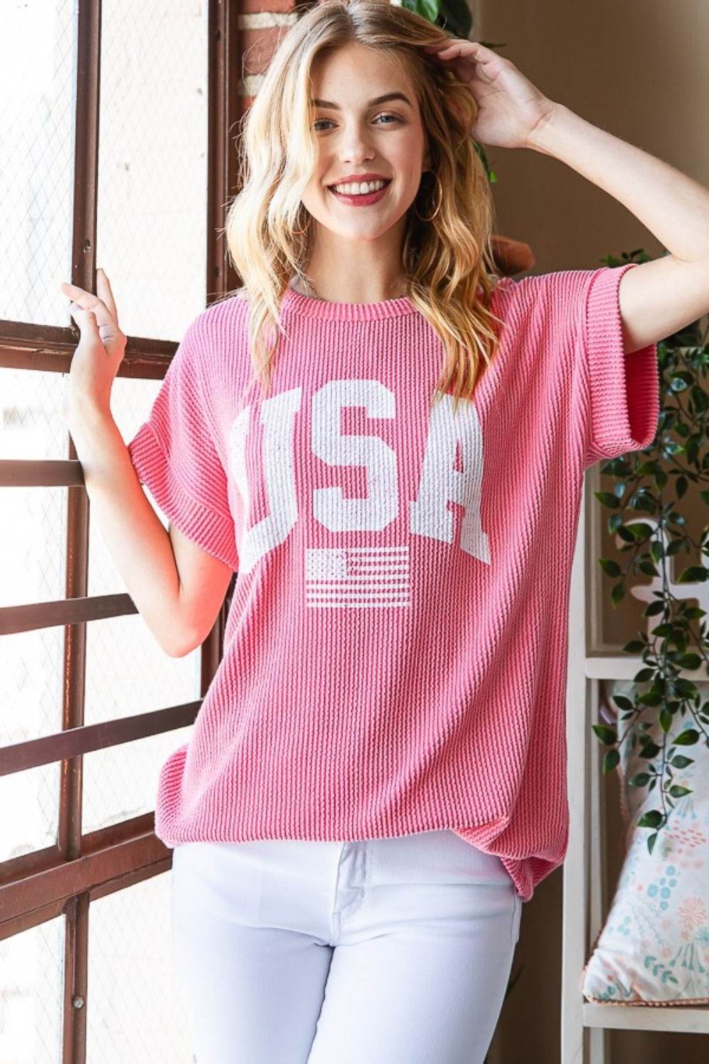 Heimish Full Size USA Graphic Short Sleeve Ribbed Top - DaTrendStore.Com