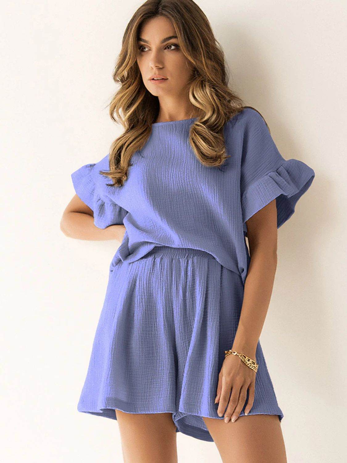 Ruffled Round Neck Top and Shorts Set - DaTrendStore.Com