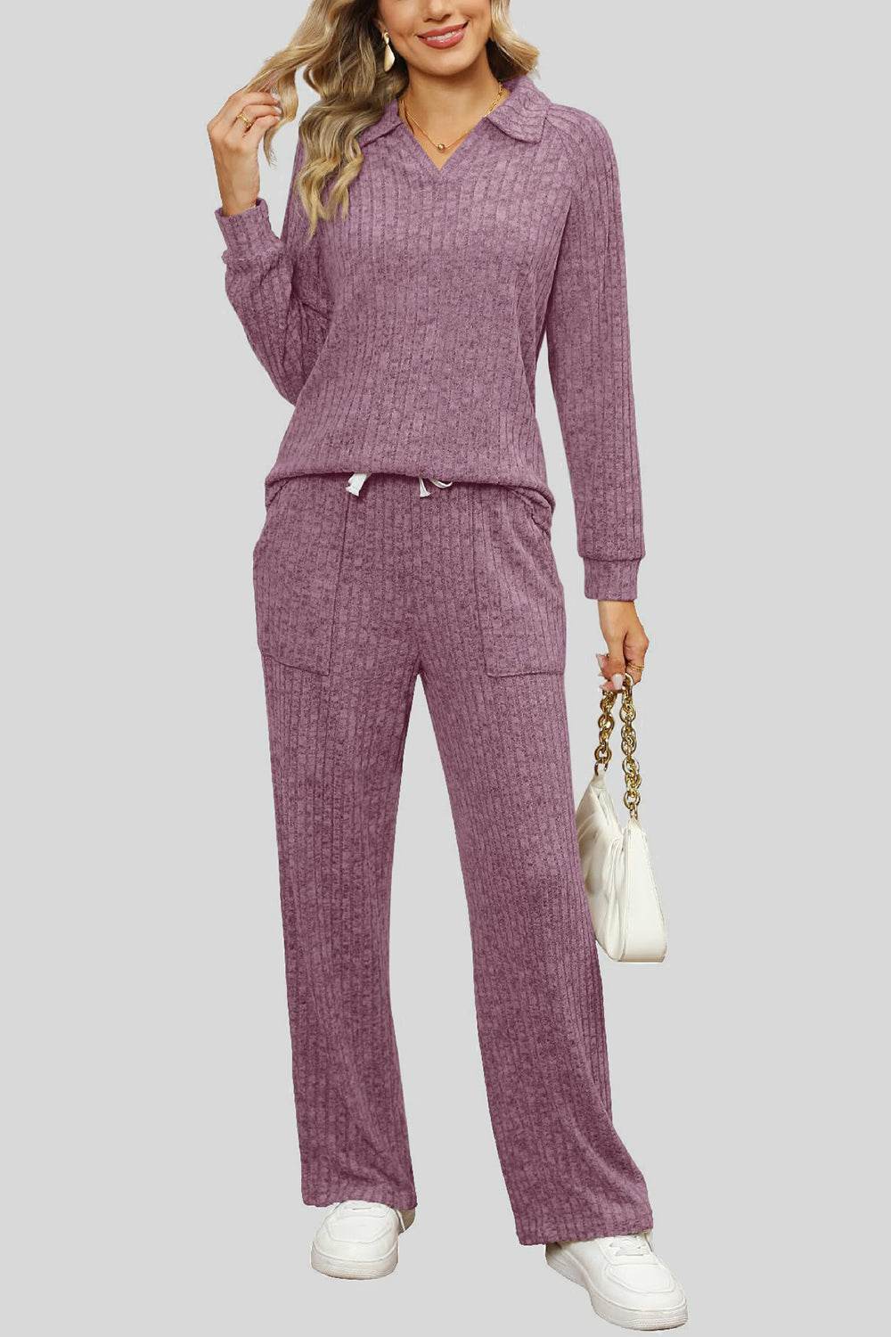 Ribbed Long Sleeve Top and Pocketed Pants Set - DaTrendStore.Com