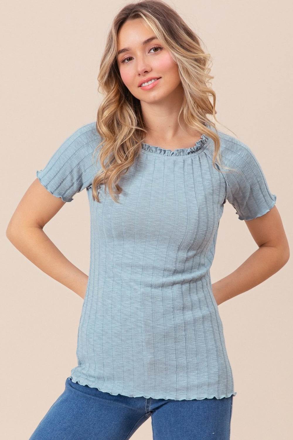 BiBi Ruffle Round Neck Merrow Edge Rib Top - DaTrendStore.Com