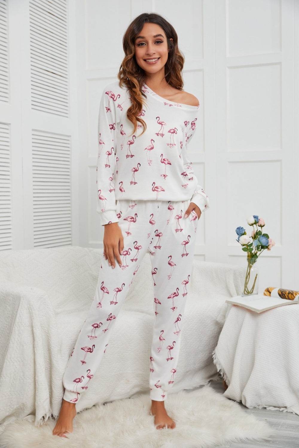 Flamingo Long Sleeve Top and Pants Lounge Set - DaTrendStore.Com
