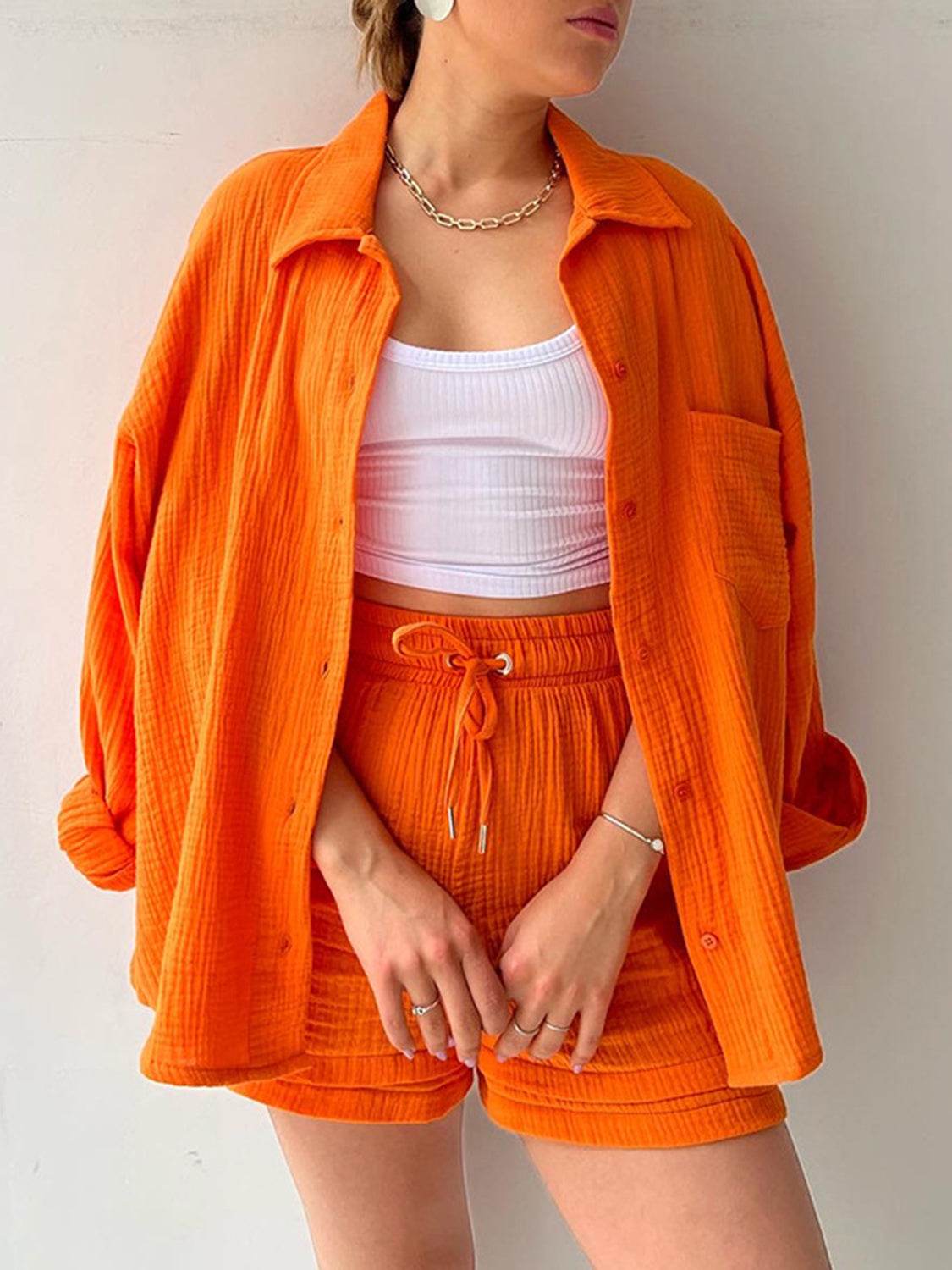Texture Button Up Shirt and Drawstring Shorts Set - DaTrendStore.Com