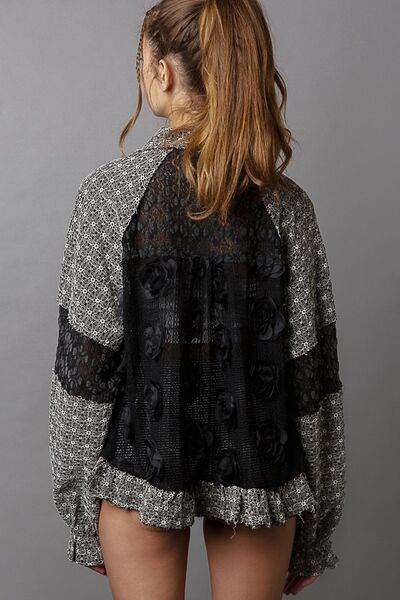POL Eyelet Flower Pearl Detail Lace Patchwork Shirt - DaTrendStore.Com