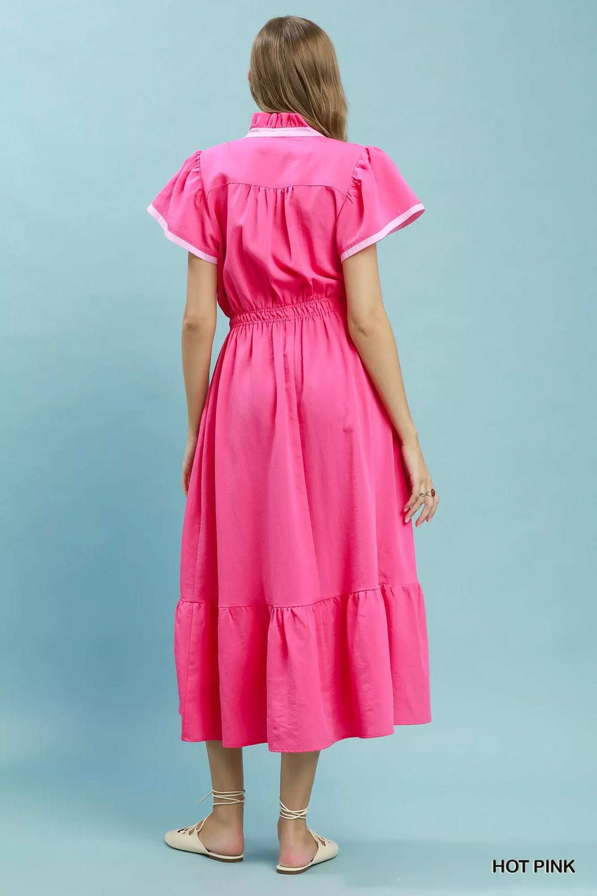 Umgee Contrast Trim Midi Dress with Tiered Ruffle Hem - Hot Pink