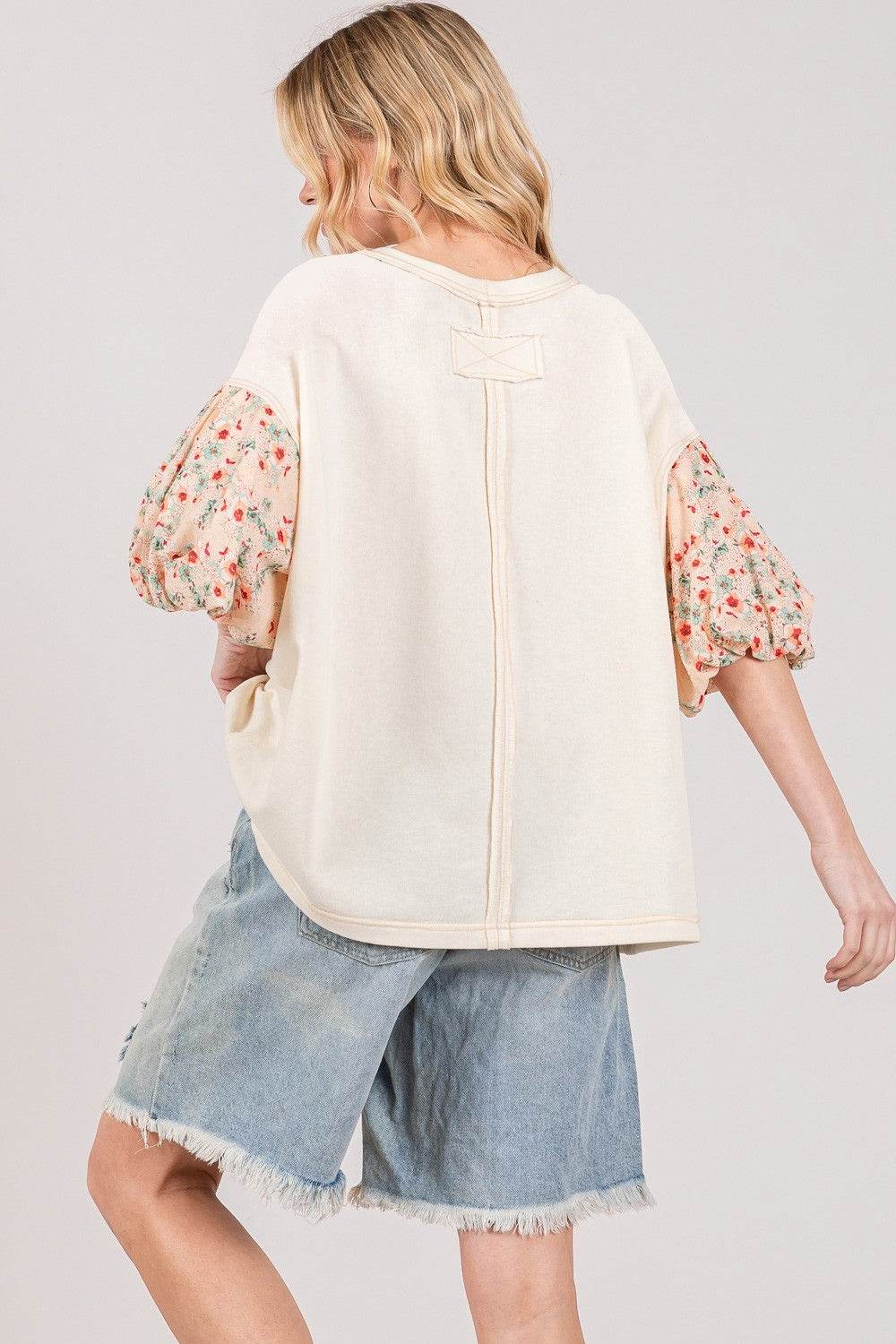 SAGE + FIG Round Neck Bubble Sleeve Oversize Top - DaTrendStore.Com