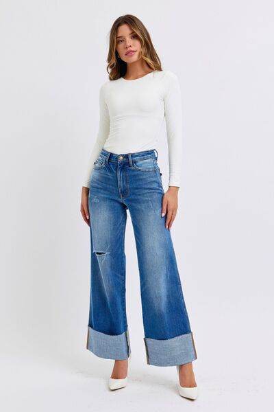 Judy Blue Full Size Distressed High Waist Wide Leg Jeans - DaTrendStore.Com